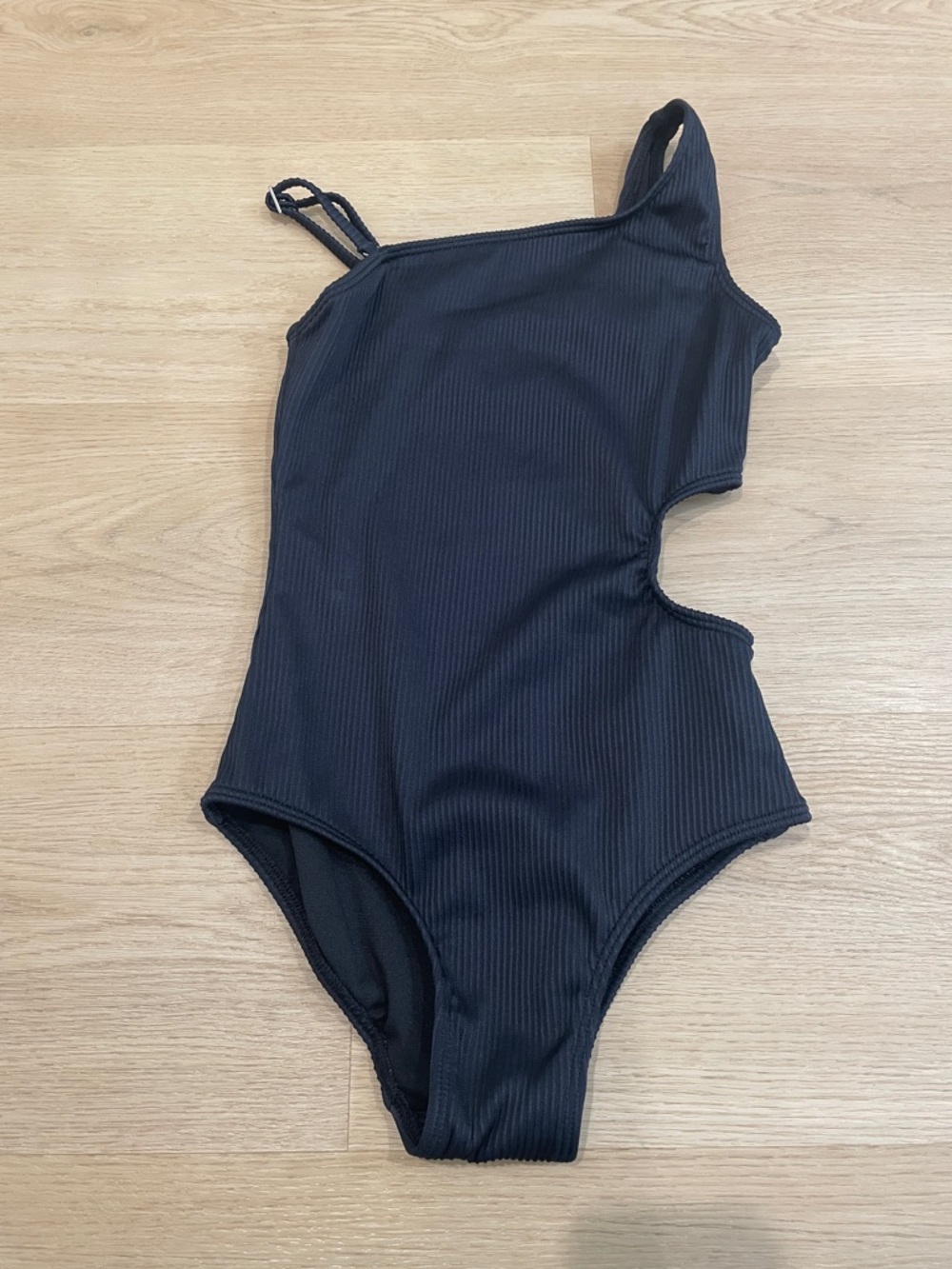 Girls' Black One-Shoulder Cutout Swim One-Piece